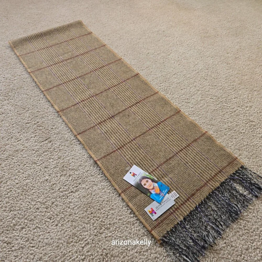 NWT John Hanly Lambswool Tan Plaid Scarf